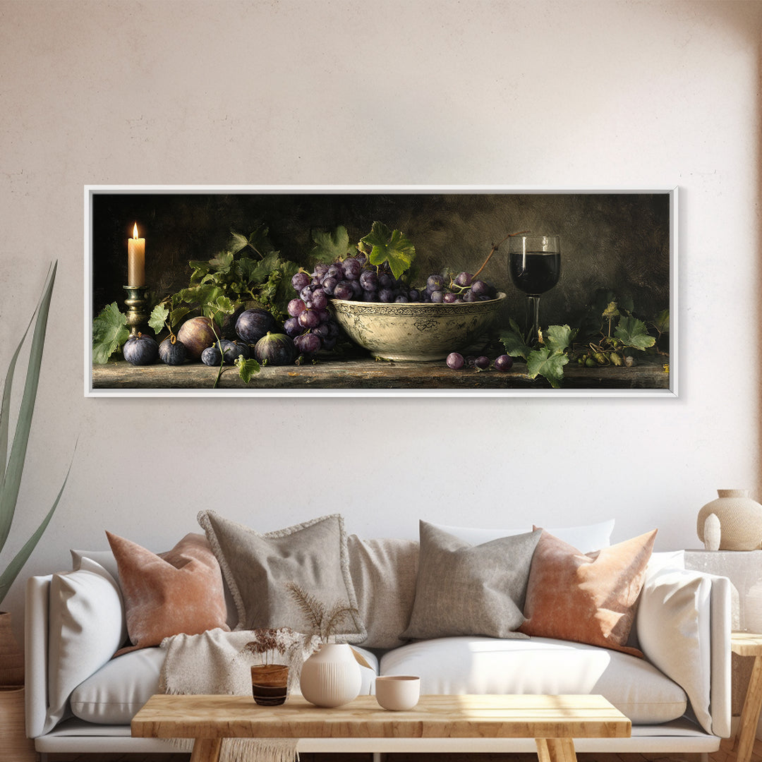 Grapes in a Ceramic Bowl with Shadows Canvas Print, Winery Art, Landscape Art, Winery Decor, Abstract Art, Vineyard, Room Decor, WIN-3x1-49