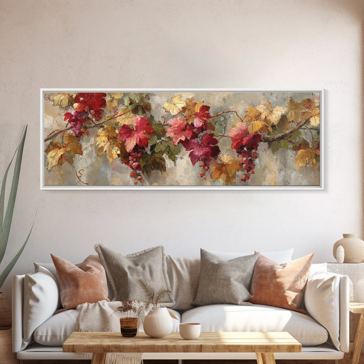 Vine Leaves Turning Autumn Red and Gold Framed Canvas Print, Winery Art, Printable Wall Art, Winery Decor, Fine Art, Vineyard, WIN-3x1-51