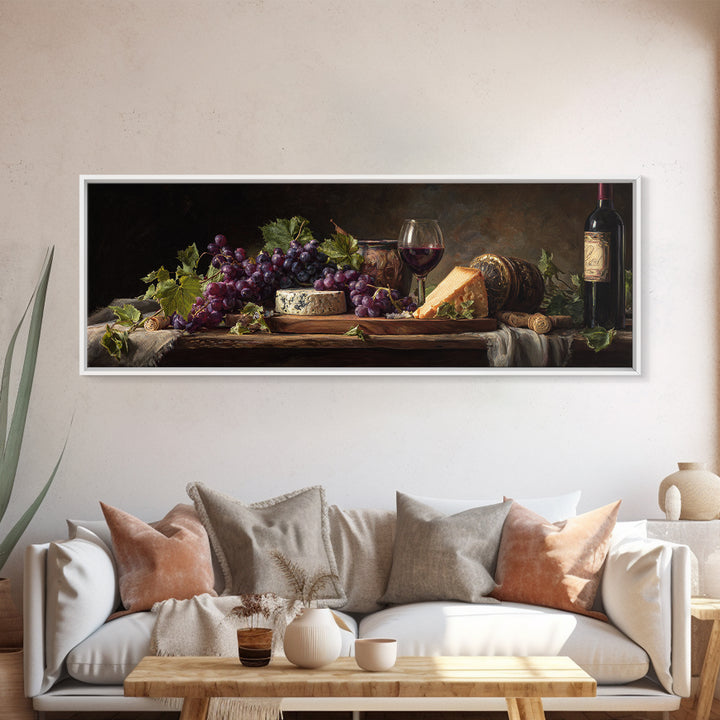 Charcuterie Board with Grapes and Cheese Framed Canvas Print, Winery Art, Bar Art, Winery Decor, Fine Art, Vineyard, WIN-3x1-53