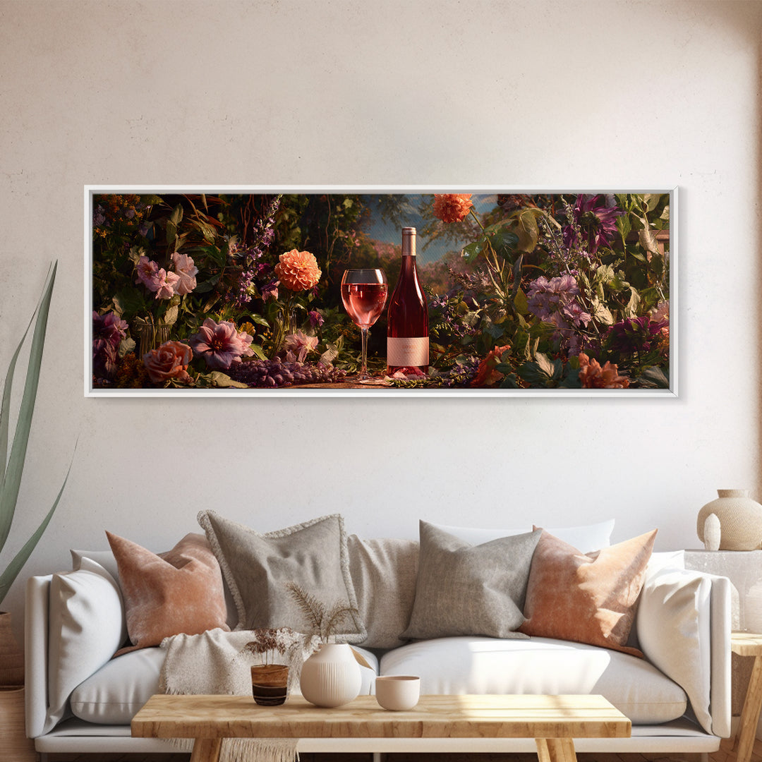 Ros Glass Beside Summer Flowers Canvas Print, Winery Art, Living Room Art, Winery Decor, Watercolor Art, Vineyard, WIN-3x1-54