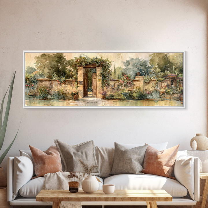 Vineyard Gate with Climbing Roses Framed Canvas Print, Winery Art, Wall Decor, Winery Decor, Fine Art, Vineyard, Kitchen Art, WIN-3x1-55