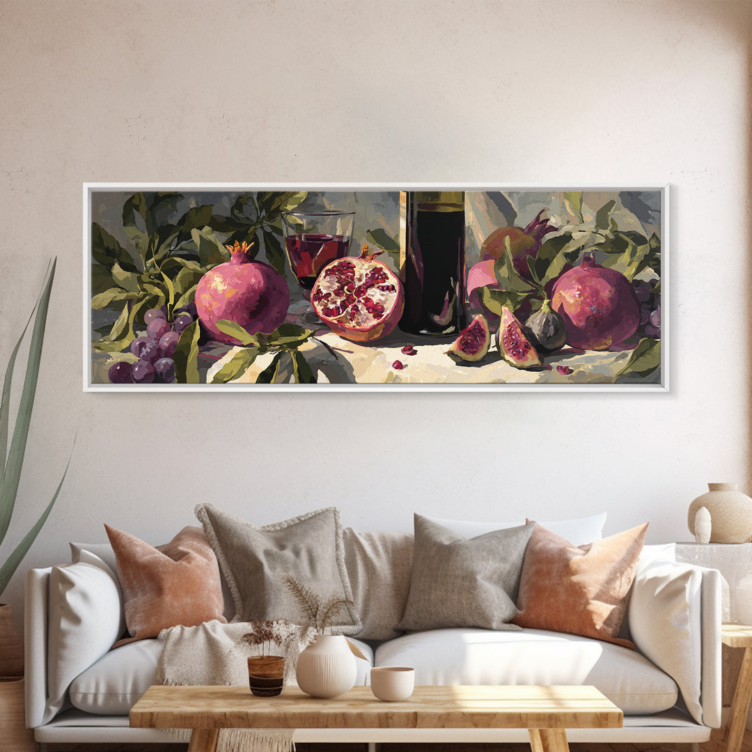 Pomegranate Figs and Red Wine Composition Framed Canvas Print, Winery Art, Living Room Art, Winery Decor, Fine Art, Vineyard, WIN-3x1-57