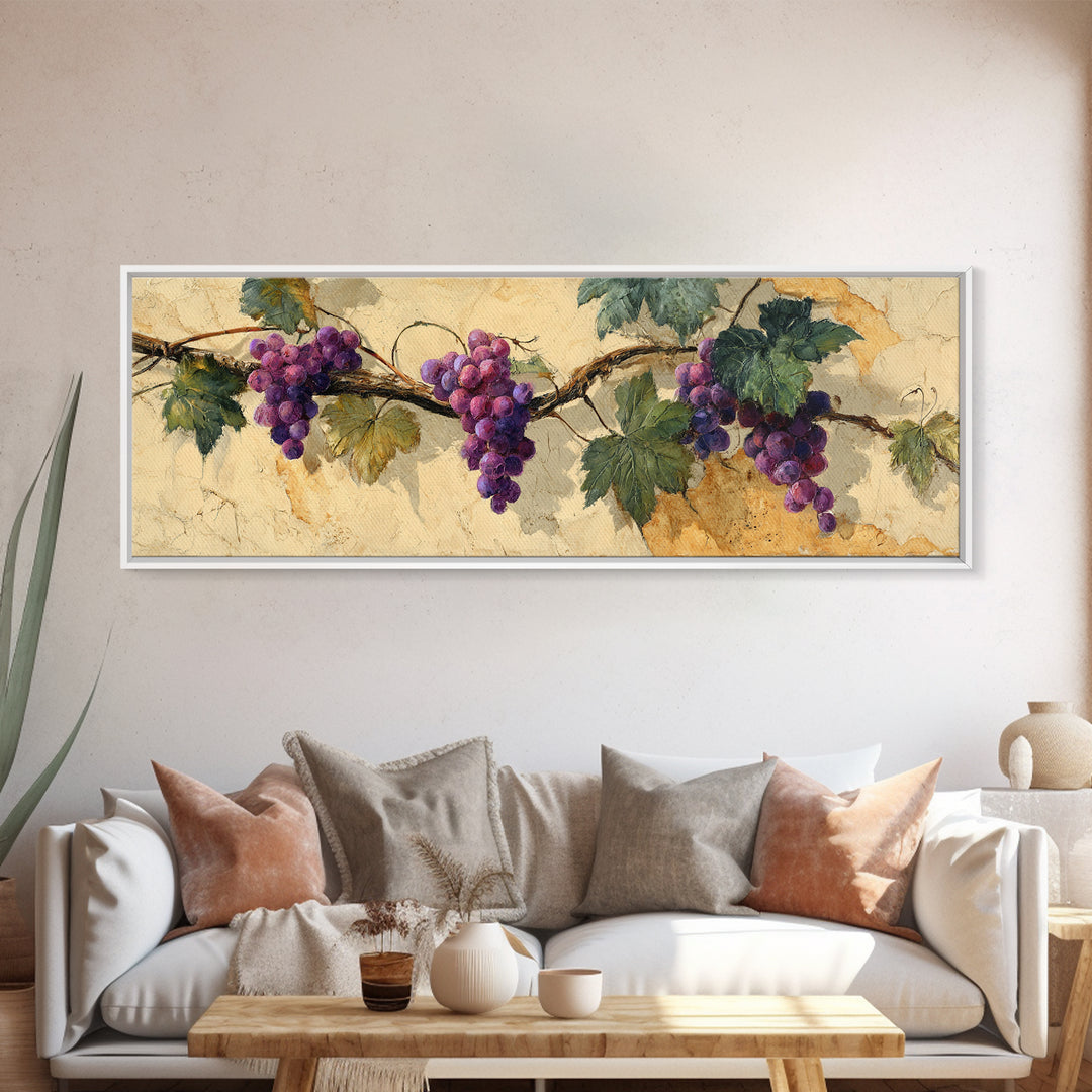 Grapevine Branch with Purple Grapes and Leaves Canvas Print, Winery Art, Cocktail Wall Art, Winery Decor, Fine Art, Vineyard, WIN-3x1-65