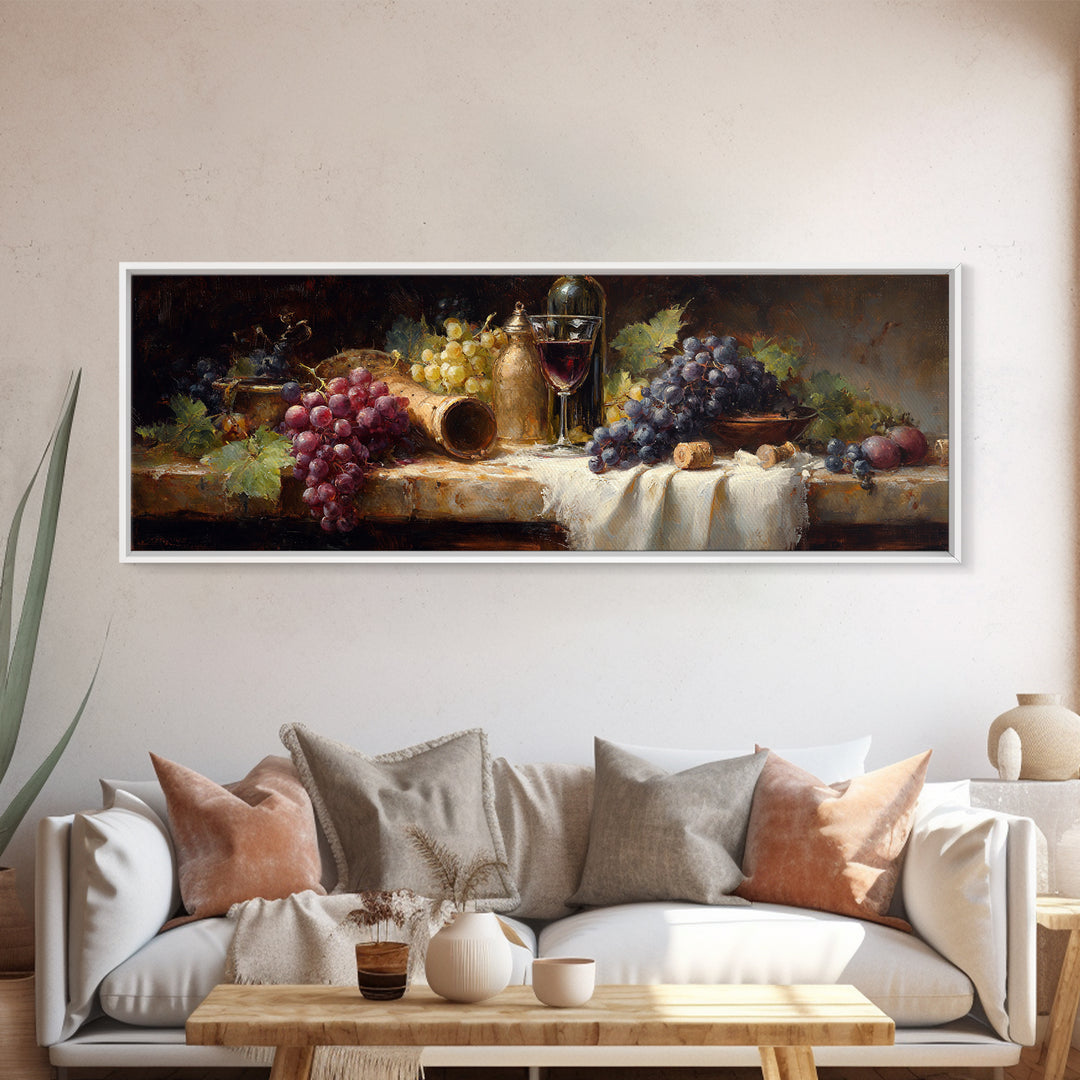 Champagne Grapes and White Linen Still Life Framed Canvas Print, Winery Art, Gallery Decor, Winery Decor, Fine Art, Vineyard, WIN-3x1-69