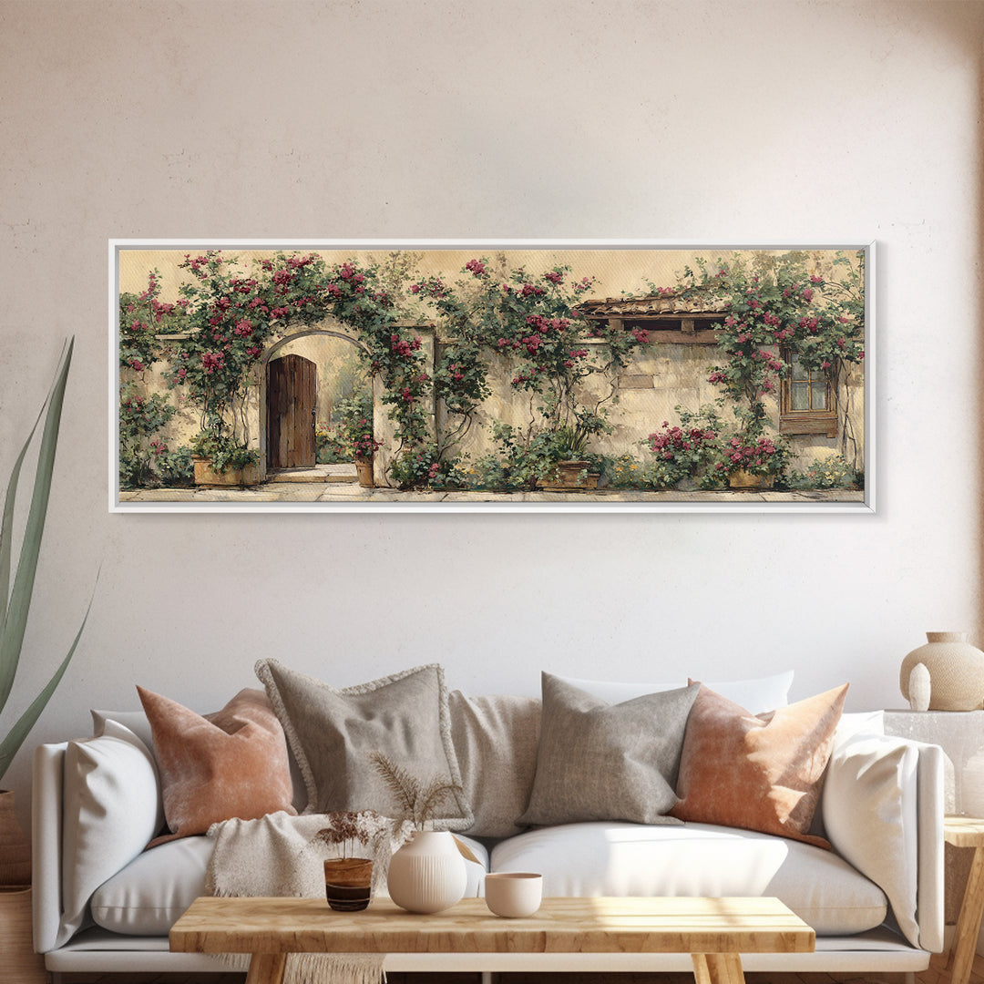 Vineyard Gate with Climbing Roses Framed Canvas Print, Winery Art, Statement Artwork, Winery Decor, Fine Art, Vineyard, WIN-3x1-7