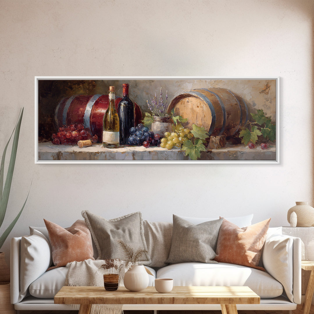 Wine Barrel with Lavender and Sunlight Canvas Print, Winery Art, Wall Art, Winery Decor, Oil Painting, Vineyard, WIN-3x1-70