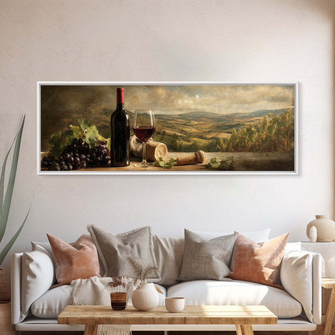 French Vineyard Hills Framed Canvas Print, Winery Art, Art, Winery Decor, Fine Art, Vineyard, Farmhouse Decor, Kitchen Art, WIN-3x1-72