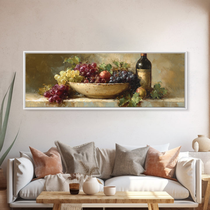 Grapes in a Ceramic Bowl with Shadows Framed Canvas Print, Winery Art, Neutral Decor, Winery Decor, Fine Art, Vineyard, WIN-3x1-73