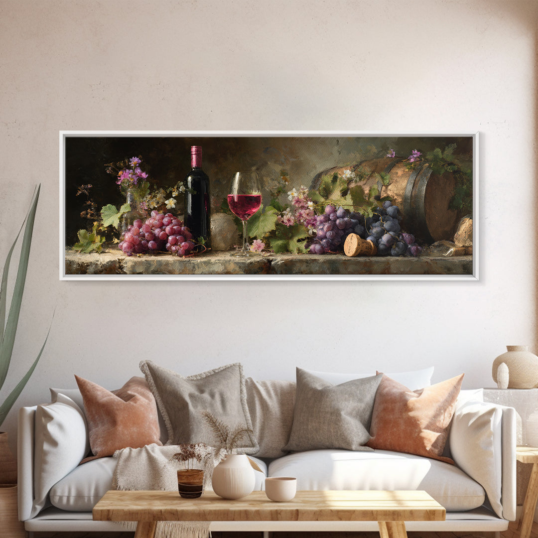 Ros Glass Beside Summer Flowers Canvas Print, Winery Art, Winery Decor, Oil Painting, Vineyard, Retro Wall Art, WIN-3x1-78