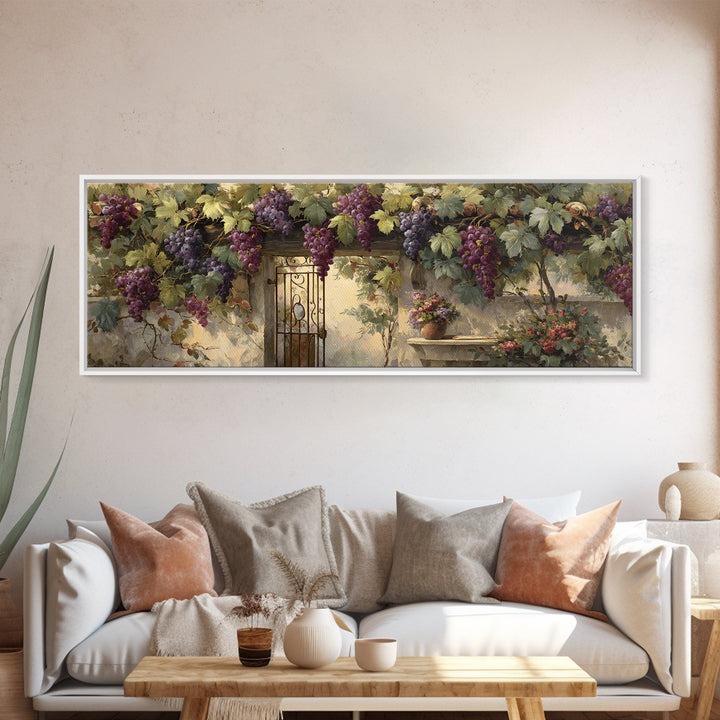 Vineyard Gate with Climbing Roses Framed Canvas Print, Winery Art, Farmhouse Decor, Winery Decor, Oil Painting, Vineyard, WIN-3x1-79
