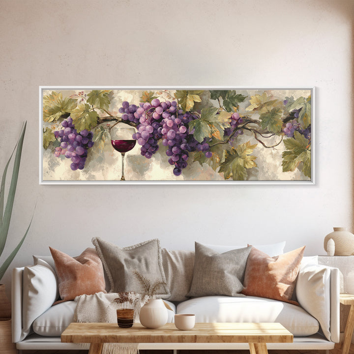 Grapevine Branch with Purple Grapes and Leaves Framed Canvas Print, Winery Art, Boho Decor, Winery Decor, Fine Art, Vineyard, WIN-3x1-89