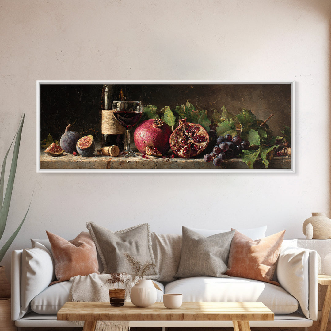 Pomegranate Figs and Red Wine Composition Framed Canvas Print, Winery Art, Living Room Decor, Winery Decor, Fine Art, Vineyard, WIN-3x1-9