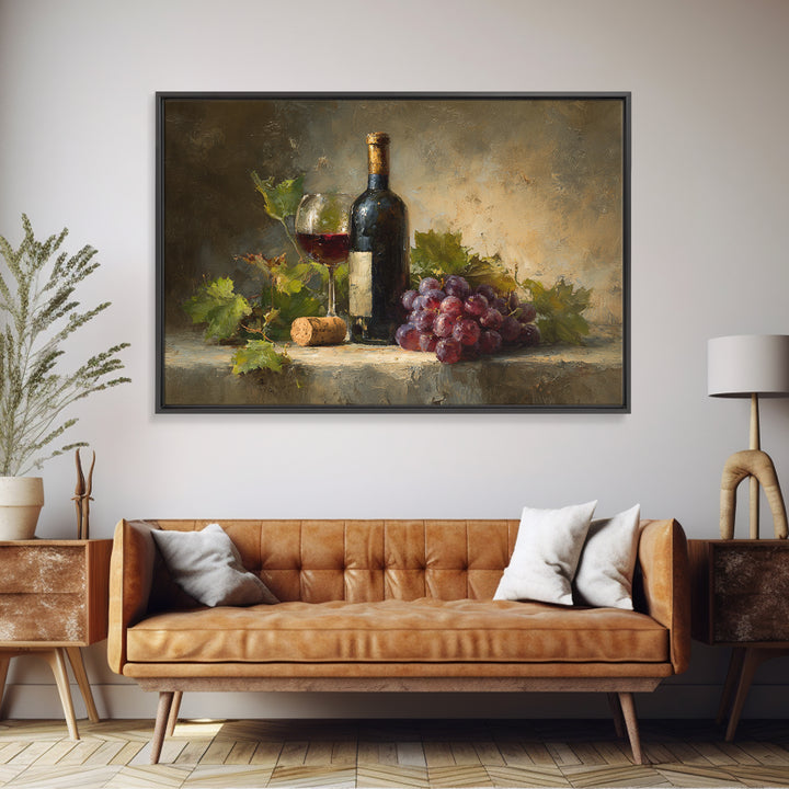 Olive Branch and Wine Glass Mediterranean Still Framed Canvas Print, Winery Art, Wall Art, Winery Decor, Watercolor Art, WIN-3x2-100