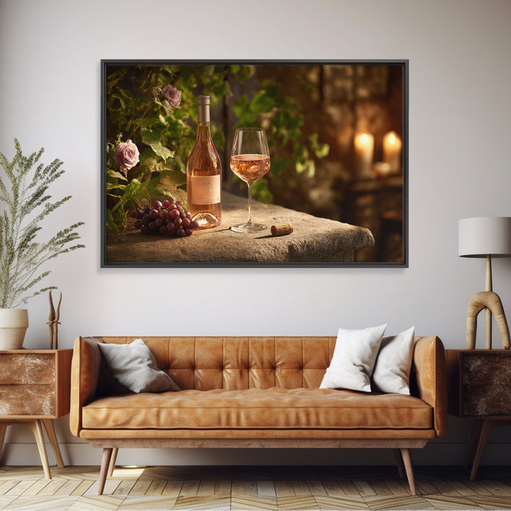 Ros Glass Beside Summer Flowers Framed Canvas Print, Winery Art, Framed Art, Winery Decor, Watercolor Art, Vineyard, WIN-3x2-18