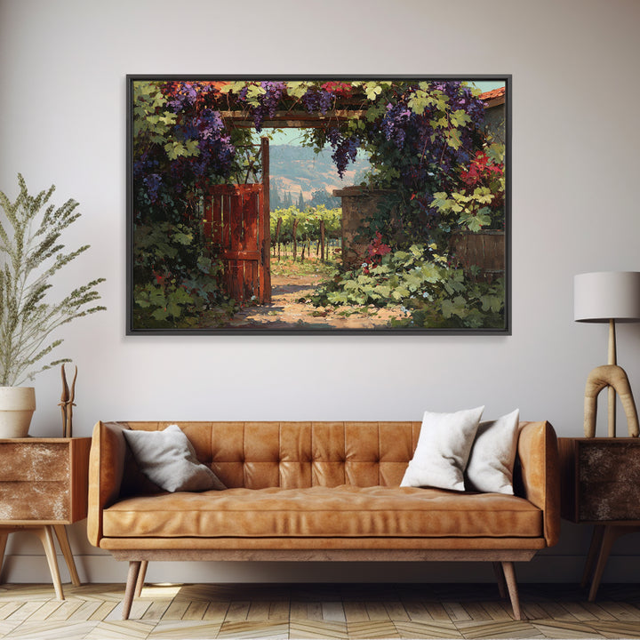 Vineyard Gate with Climbing Roses Framed Canvas Print, Winery Art, Statement Artwork, Winery Decor, Fine Art, Vineyard, WIN-3x2-19