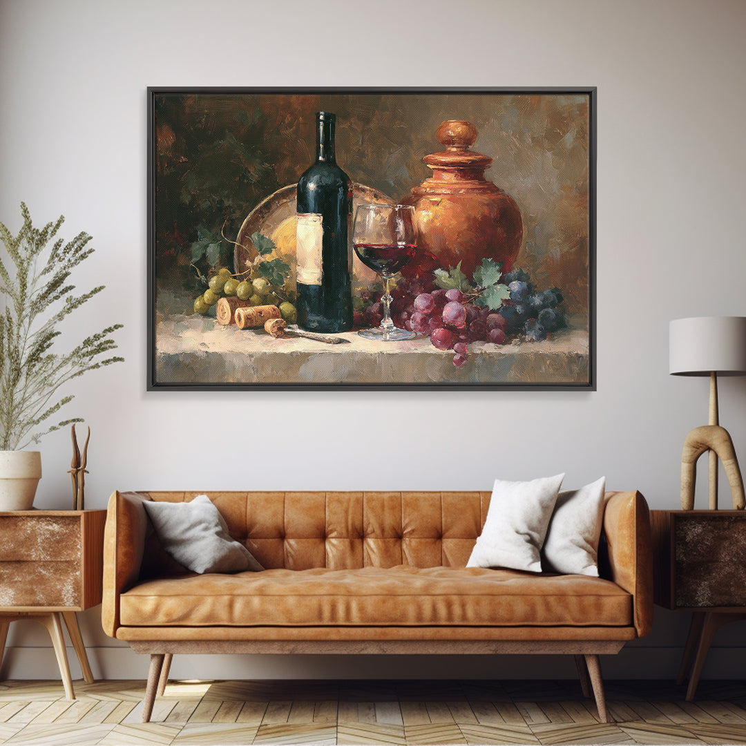Olive Branch and Wine Glass Mediterranean Still Framed Canvas Print, Winery Art, Retro Wall Art, Winery Decor, Vineyard, WIN-3x2-28
