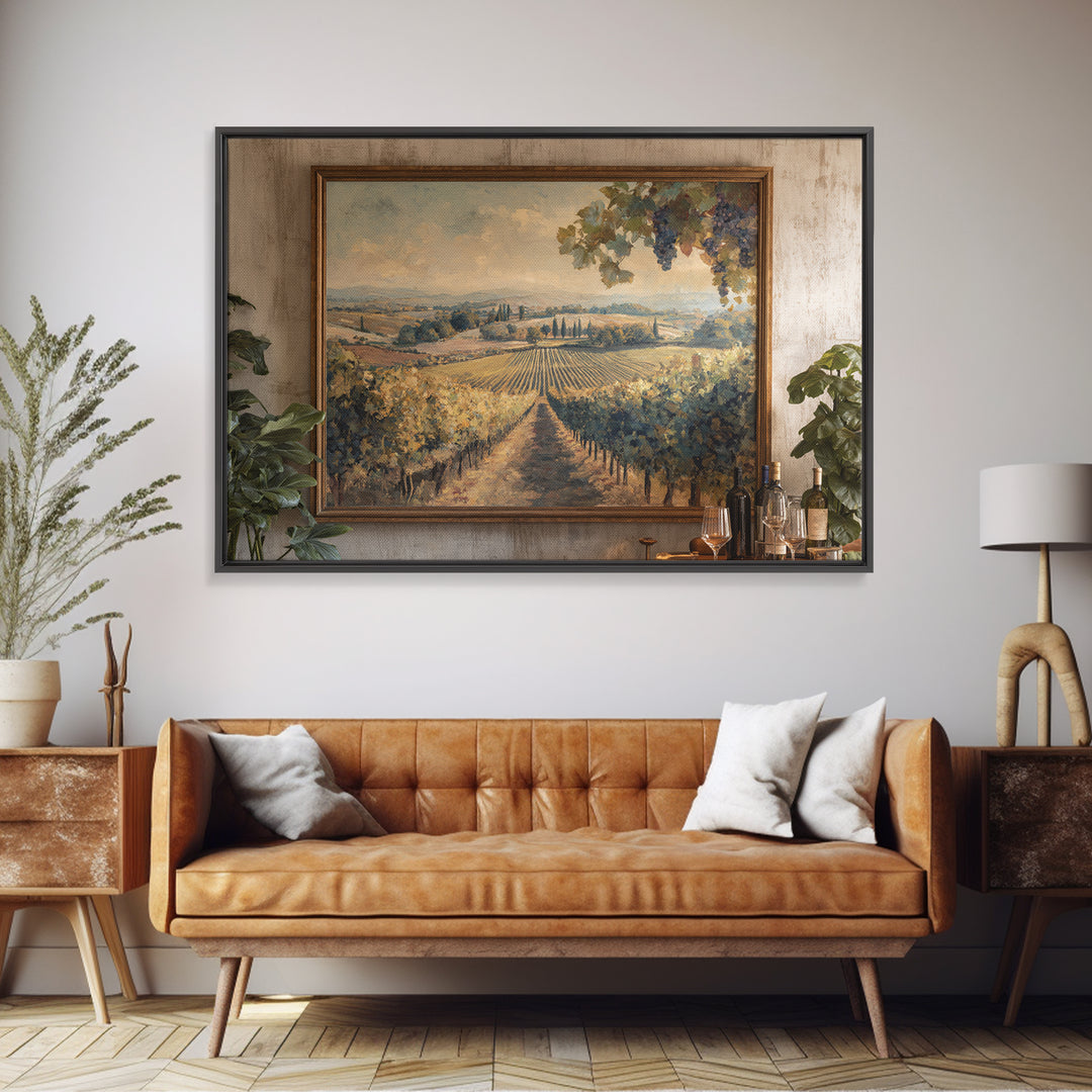 Tuscan Vineyard at Golden Hour Framed Canvas Print, Winery Art, Statement Artwork, Winery Decor, Fine Art, Vineyard, Painting, WIN-3x2-31