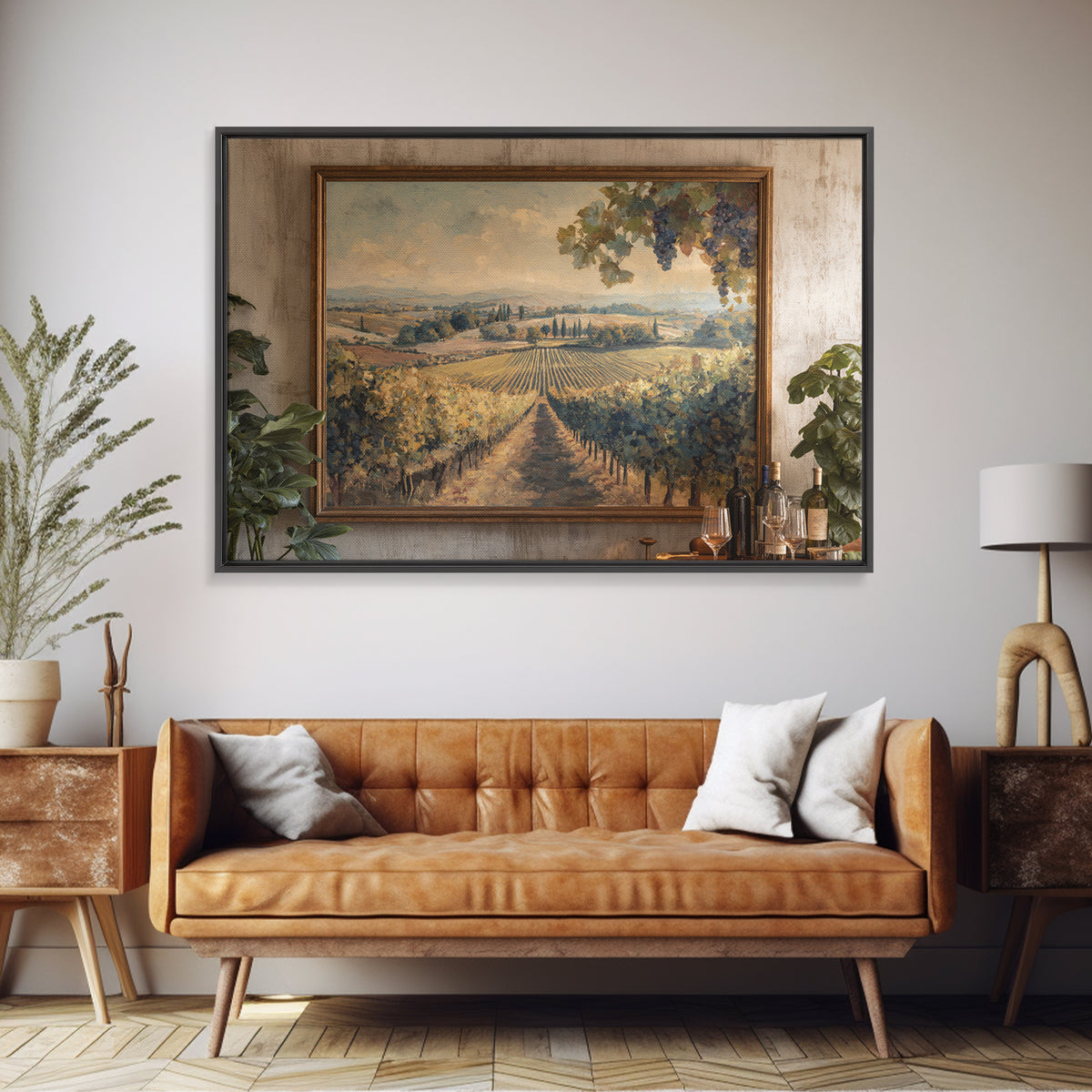 Tuscan Vineyard at Golden Hour Framed Canvas Print, Winery Art, Statement Artwork, Winery Decor, Fine Art, Vineyard, Painting, WIN-3x2-31