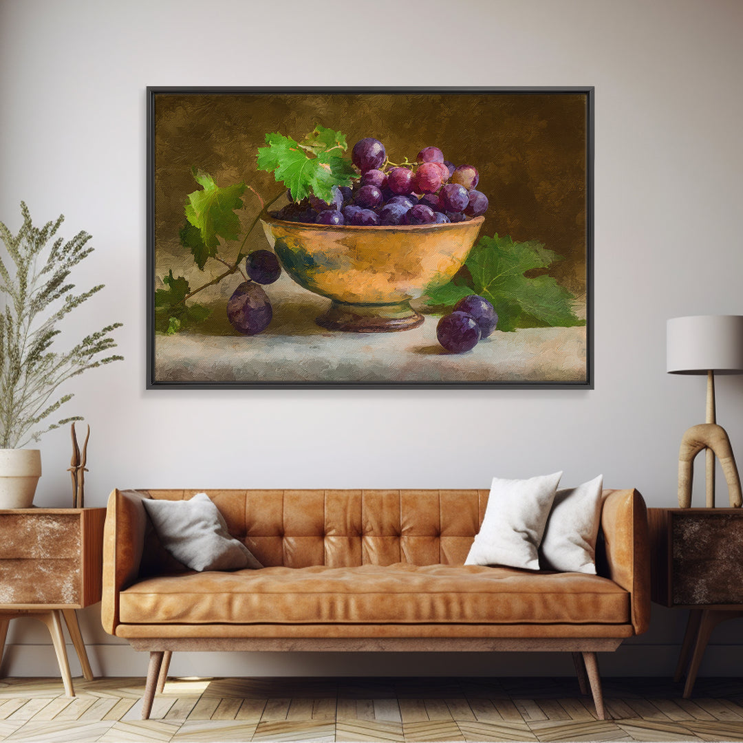 Grapes in a Ceramic Bowl with Shadows Canvas Print, Winery Art, Travel Poster, Winery Decor, Oil Painting, Vineyard, WIN-3x2-37