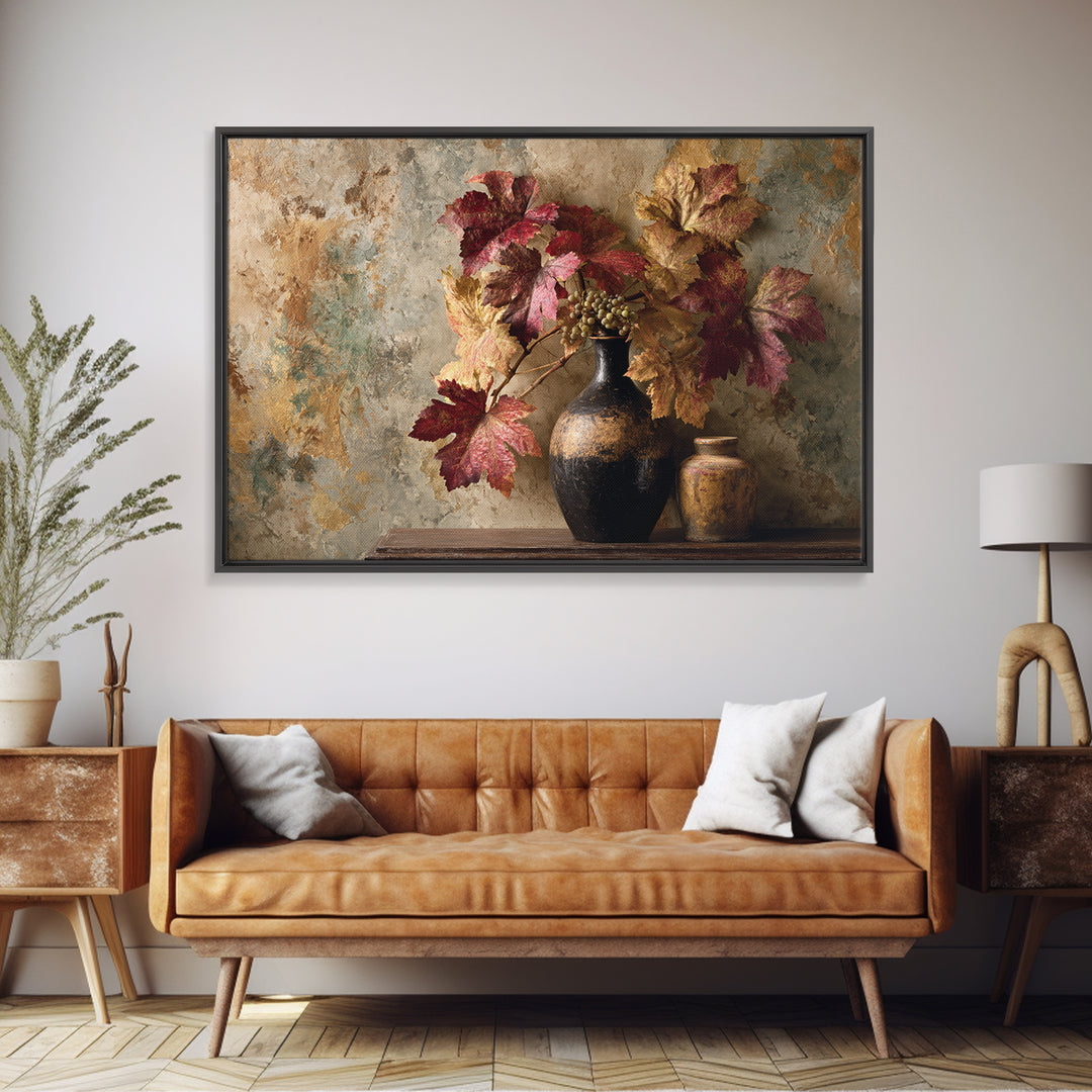 Vine Leaves Turning Autumn Red and Gold Framed Canvas Print, Winery Art, Contemporary Art, Winery Decor, Fine Art, Vineyard, WIN-3x2-39