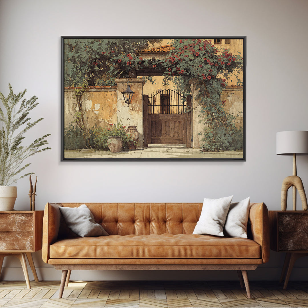 Vineyard Gate with Climbing Roses Canvas Print, Winery Art, Winery Decor, Abstract Art, Vineyard, Wall Hanging, WIN-3x2-43