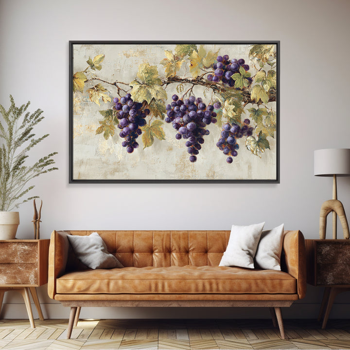 Grapevine Branch with Purple Grapes and Leaves Framed Canvas Print, Winery Art, Bar Art, Winery Decor, Oil Painting, Vineyard, WIN-3x2-5