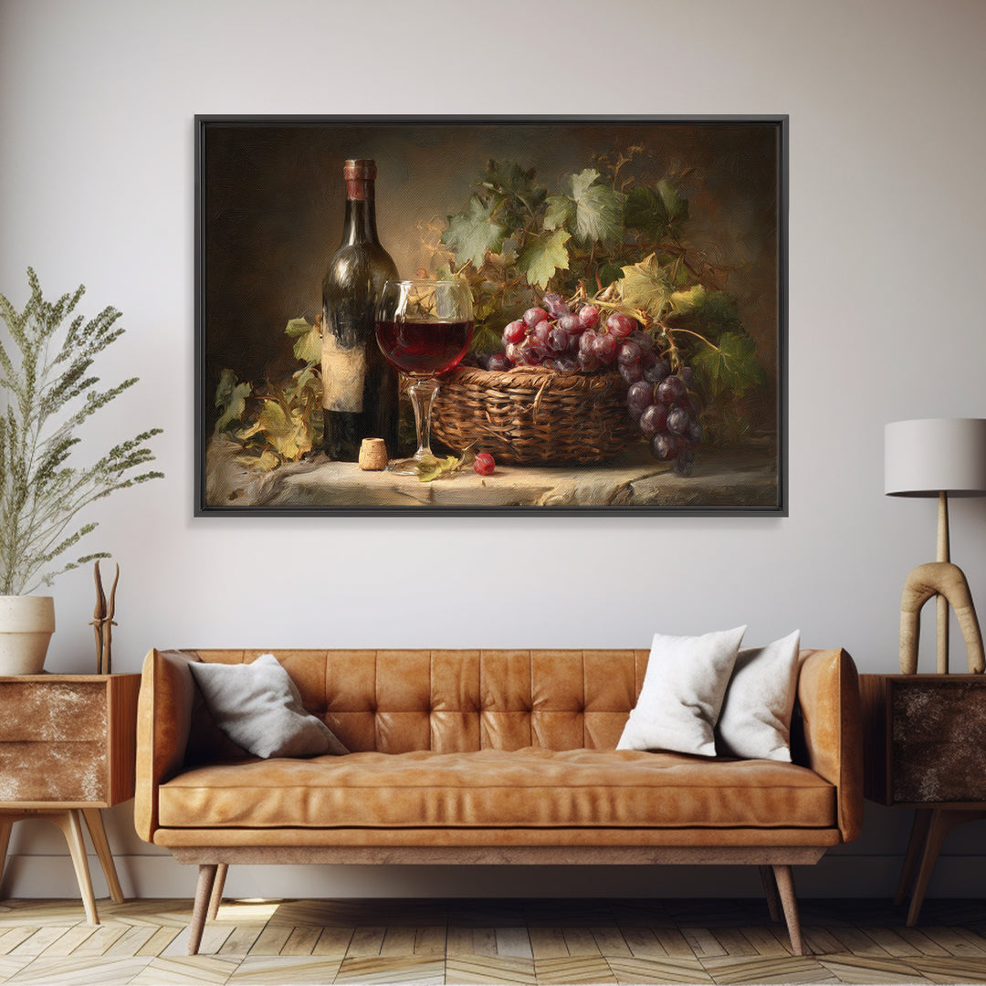 Wine Harvest Basket Framed Canvas Print, Winery Art, Kitchen Wall Decor, Winery Decor, Oil Painting, Vineyard, Fine Art Print, WIN-3x2-50