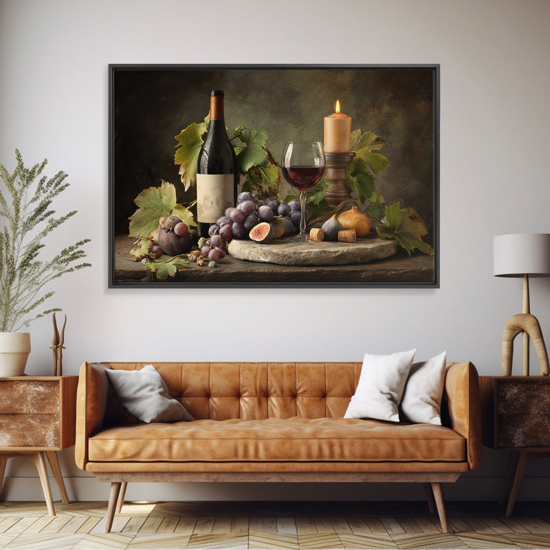 Wine Bottle and Glass Still Life Framed Canvas Print, Winery Art, Living Room Decor, Winery Decor, Fine Art, Vineyard, WIN-3x2-6