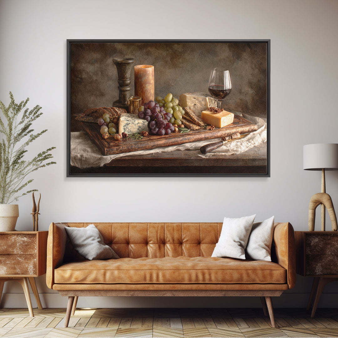Charcuterie Board with Grapes and Cheese Framed Canvas Print, Winery Art, Cocktail Wall Art, Winery Decor, Watercolor Art, WIN-3x2-65