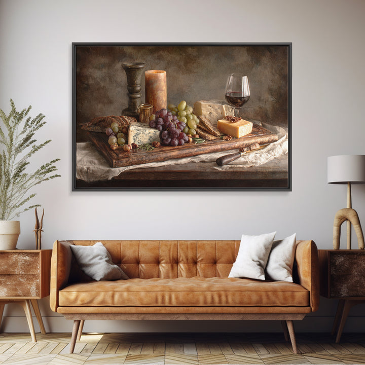 Charcuterie Board with Grapes and Cheese Framed Canvas Print, Winery Art, Cocktail Wall Art, Winery Decor, Watercolor Art, WIN-3x2-65