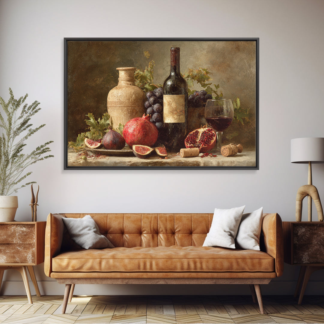 Pomegranate Figs and Red Wine Composition Framed Canvas Print, Winery Art, Gallery Decor, Winery Decor, Fine Art, Vineyard, WIN-3x2-69