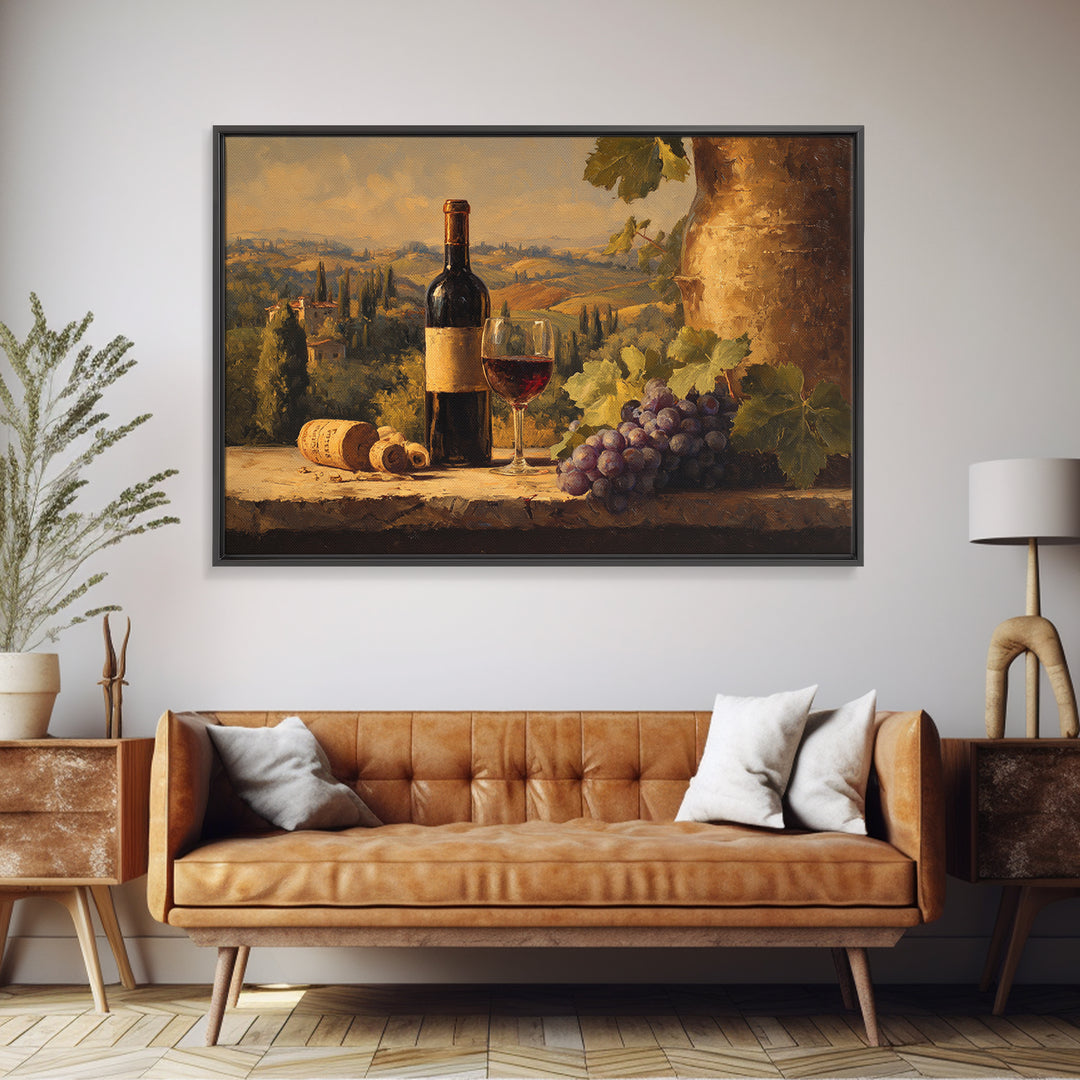 Tuscan Vineyard at Golden Hour Framed Canvas Print, Winery Art, Kitchen Decor, Winery Decor, Abstract Art, Vineyard, WIN-3x2-7