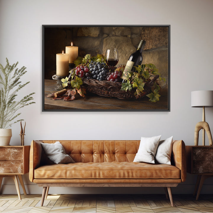 Wine Harvest Basket Framed Canvas Print, Winery Art, Kitchen Wall Decor, Winery Decor, Oil Painting, Vineyard, Fine Art Print, WIN-3x2-74
