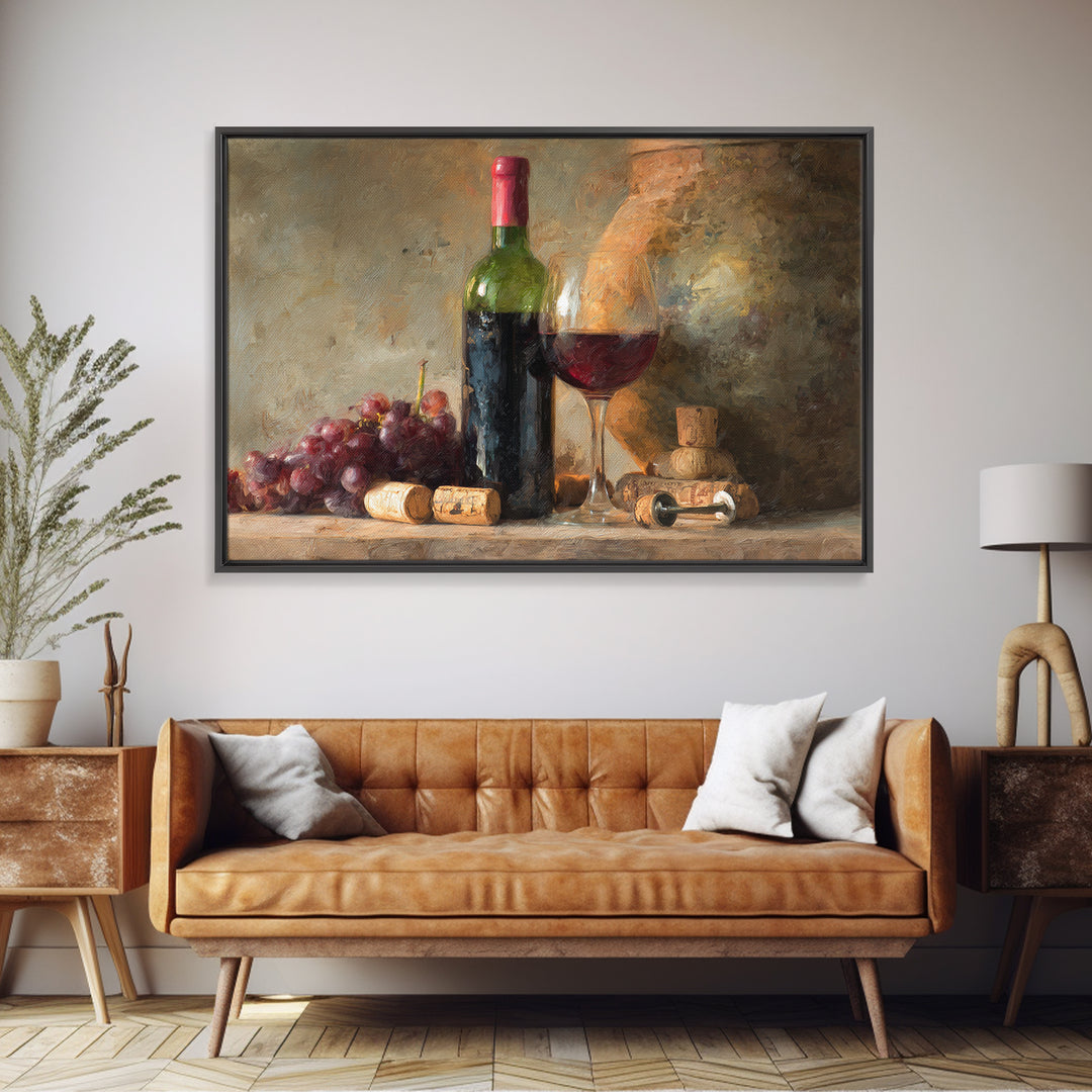 Corkscrew and Corks on Rustic Wood Framed Canvas Print, Winery Art, Kitchen Wall Decor, Winery Decor, Oil Painting, Vineyard, WIN-3x2-8