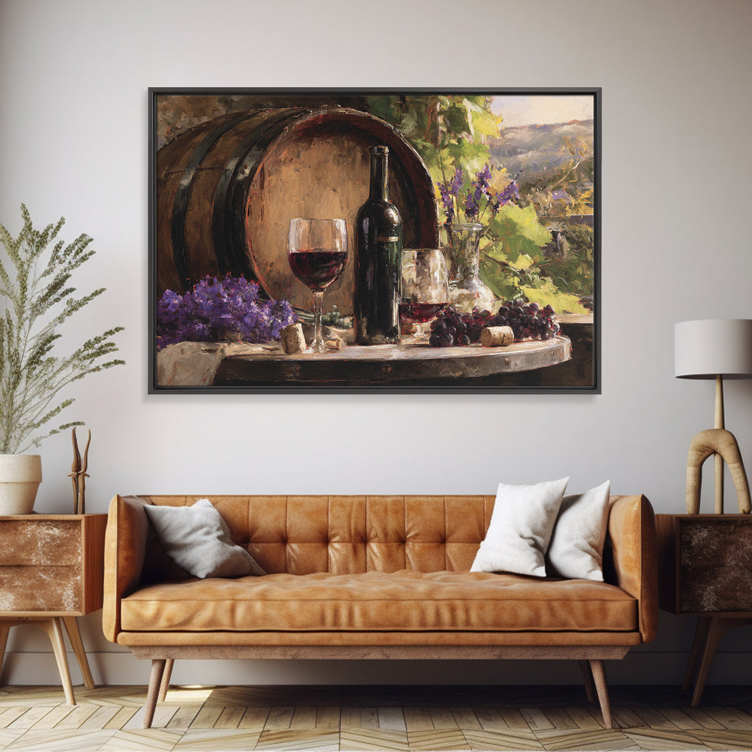 Wine Barrel with Lavender and Sunlight Framed Canvas Print, Winery Art, Travel Poster, Winery Decor, Oil Painting, Vineyard, WIN-3x2-82