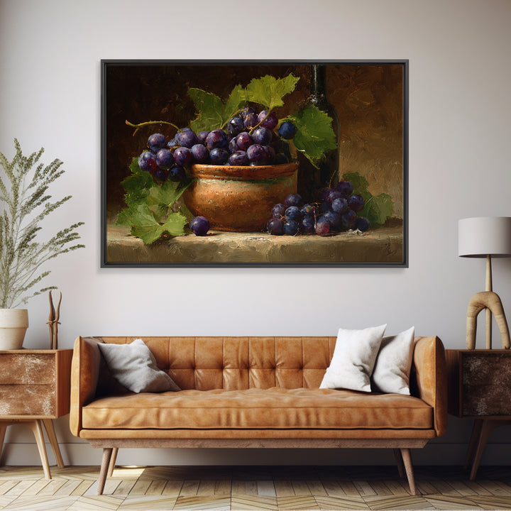 Grapes in a Ceramic Bowl with Shadows Framed Canvas Print, Winery Art, Statement Artwork, Winery Decor, Fine Art, Vineyard, WIN-3x2-85