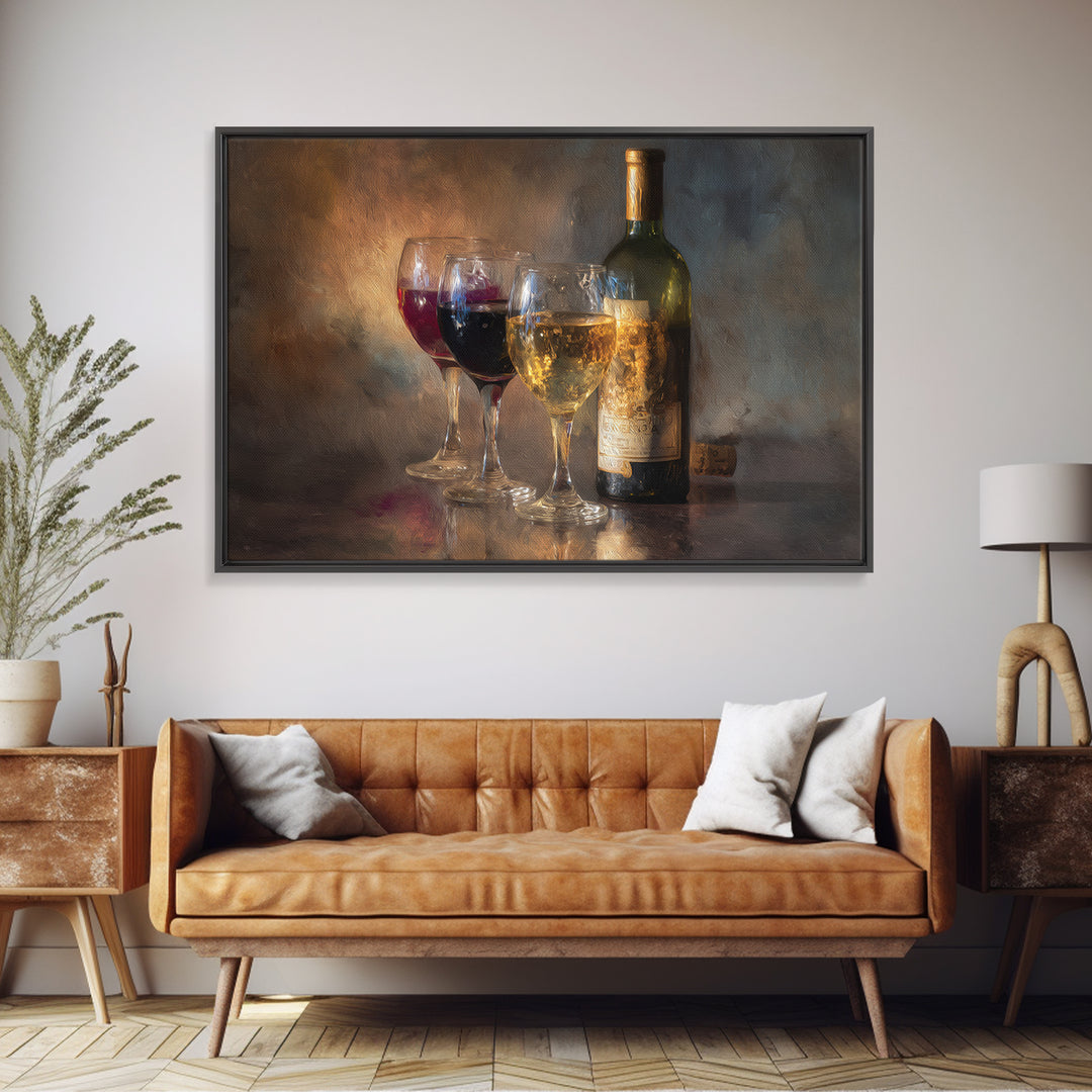 Wine Tasting Flight Rendered as Elegant Still Framed Canvas Print, Winery Art, Gallery Wall Art, Winery Decor, Vineyard, WIN-3x2-86