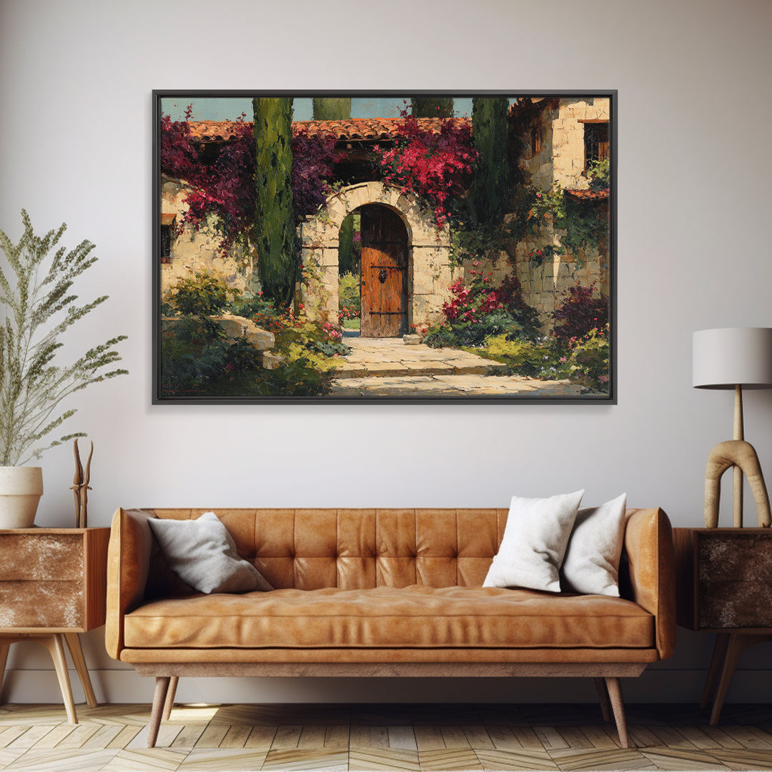 Vineyard Gate with Climbing Roses Framed Canvas Print, Winery Art, Farmhouse Decor, Winery Decor, Oil Painting, Vineyard, WIN-3x2-91