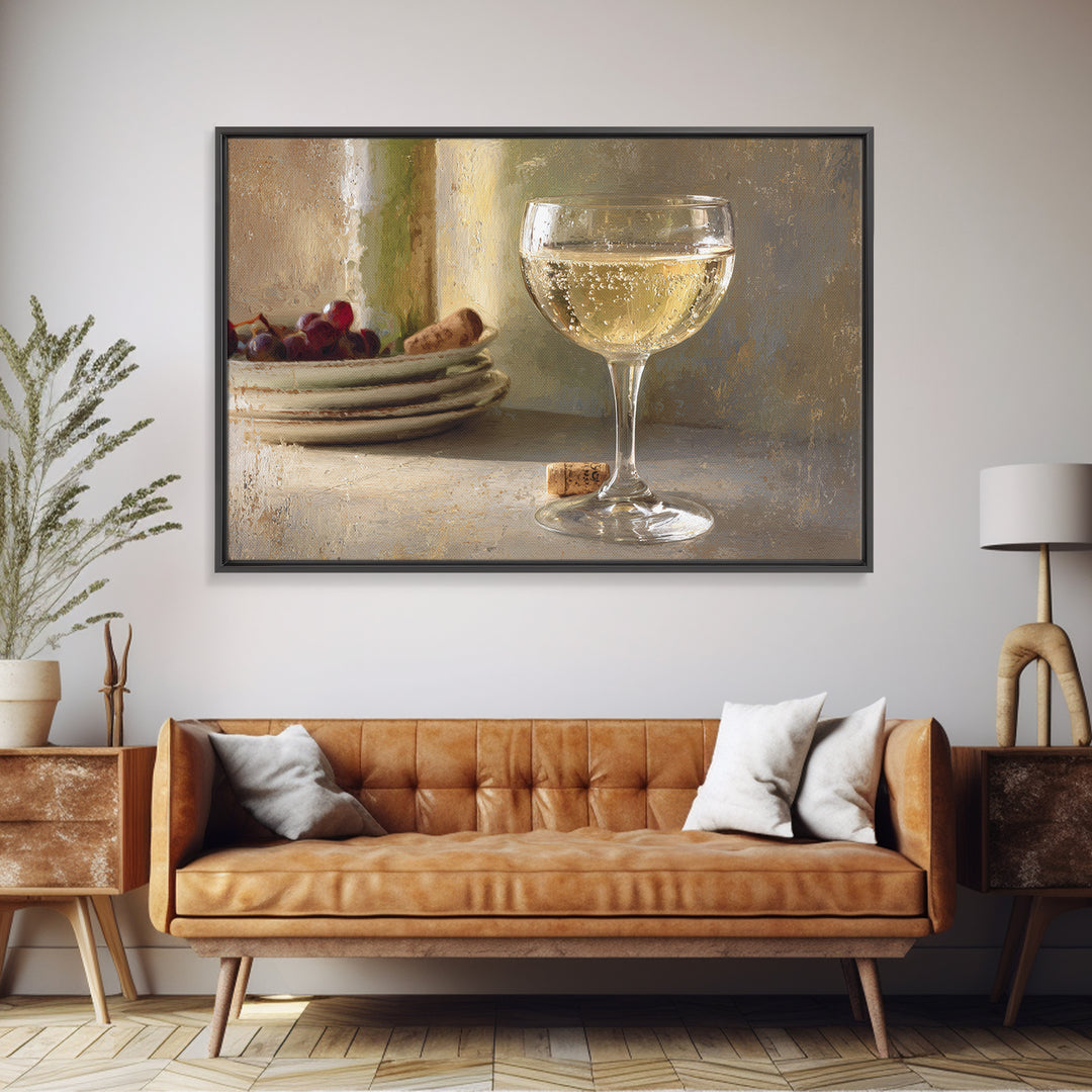 Champagne Coupe with Bubbles and Light Framed Canvas Print, Winery Art, Wall Hanging, Winery Decor, Fine Art, Vineyard, WIN-3x2-95