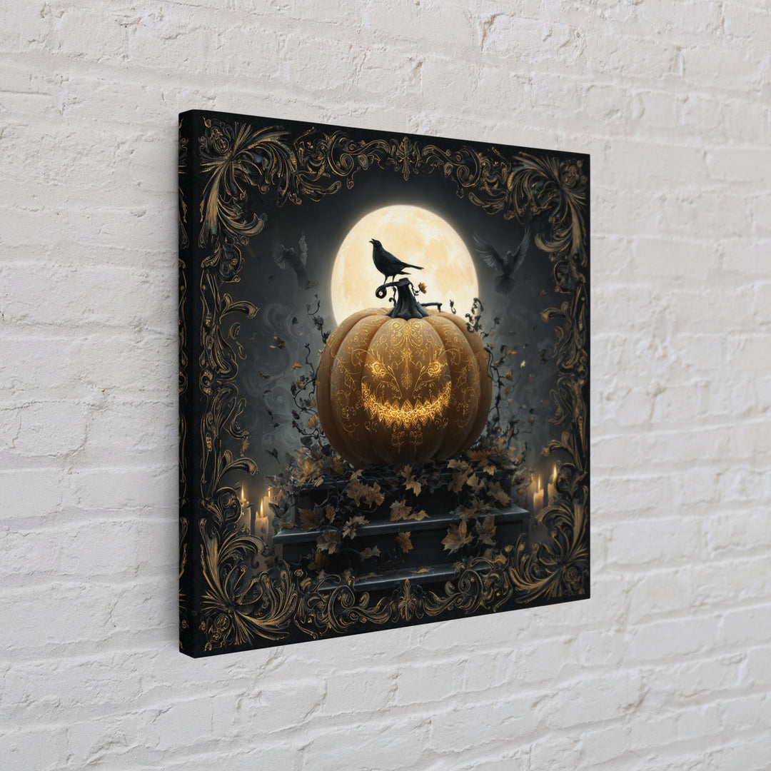 The Gold-Crowned Pumpkin Oracle - Icon Portrait, Spooky Wall Decor, Square Wall Art, Framed Canvas Print, Halloween Home Decor