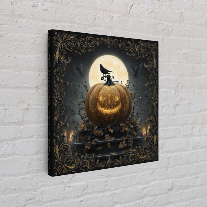 The Gold-Crowned Pumpkin Oracle - Icon Portrait, Spooky Wall Decor, Square Wall Art, Framed Canvas Print, Halloween Home Decor