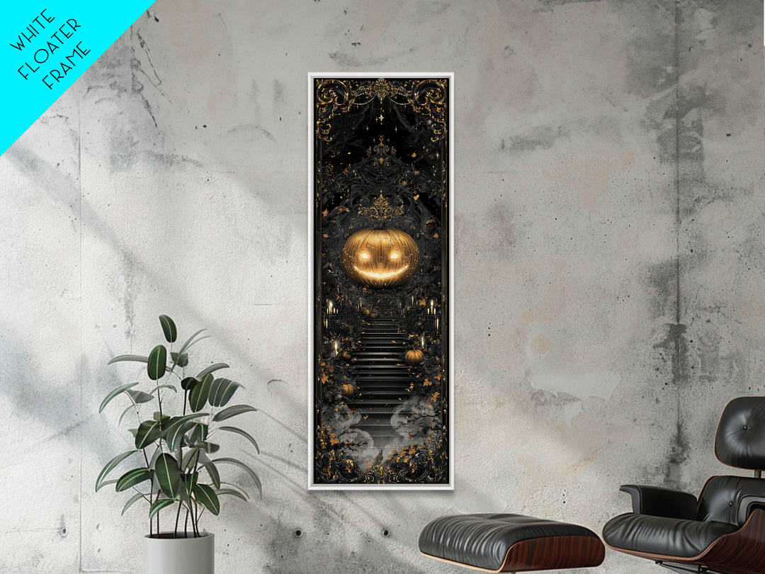 The Gold-Crowned Pumpkin Oracle - Icon Portrait, Spooky Wall Decor, Tall Narrow Wall Art, Framed Canvas Print, Halloween Home Decor