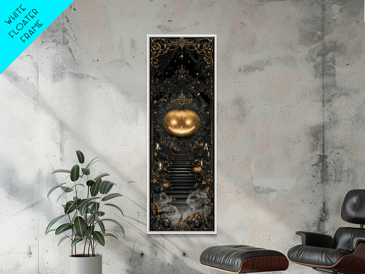 The Gold-Crowned Pumpkin Oracle - Icon Portrait, Spooky Wall Decor, Tall Narrow Wall Art, Framed Canvas Print, Halloween Home Decor