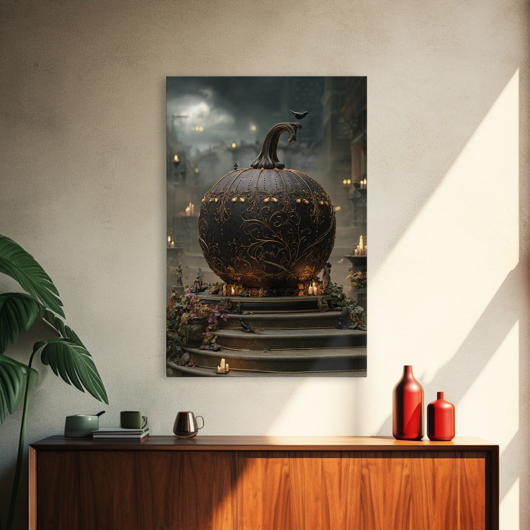 The Gold-Crowned Pumpkin Oracle - Environmental Panorama, Macabre Halloween Art, Vertical Wall Art, Framed Canvas Print, Gothic Wall Art