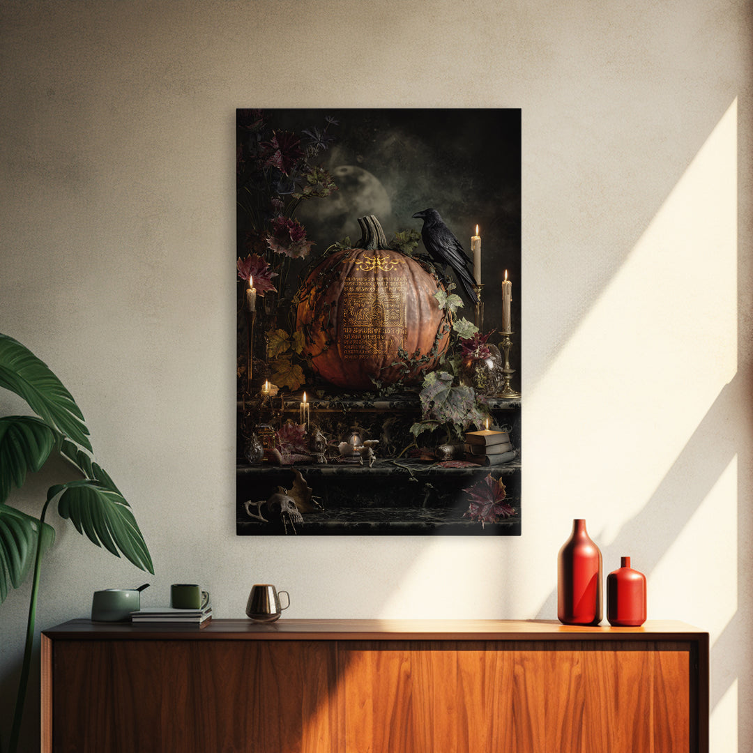 The Gold-Crowned Pumpkin Oracle - Occult Still Life, Macabre Halloween Art, Vertical Wall Art, Framed Canvas Print, Halloween Home Decor