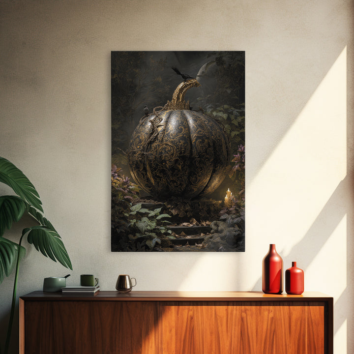 The Gold-Crowned Pumpkin Oracle - Procession Scene, Halloween Wall Art, Vertical Wall Art, Framed Canvas Print, Halloween Home Decor
