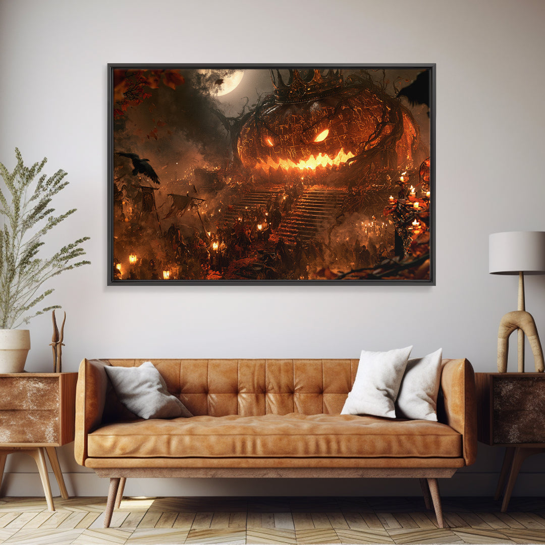 The Gold-Crowned Pumpkin Oracle - Procession Scene, Spooky Wall Decor, Landscape Wall Art, Framed Canvas Print, Halloween Home Decor