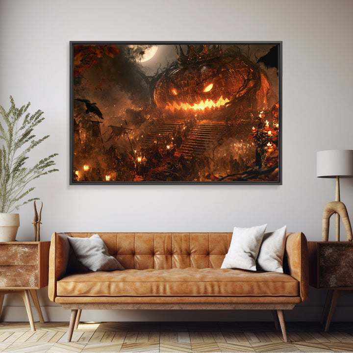 The Gold-Crowned Pumpkin Oracle - Procession Scene, Spooky Wall Decor, Landscape Wall Art, Framed Canvas Print, Halloween Home Decor