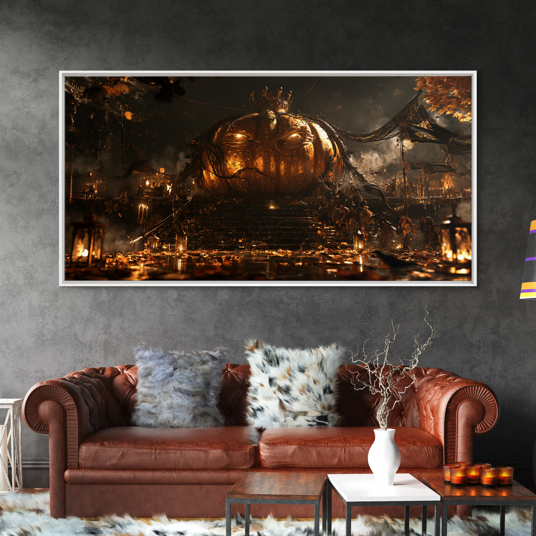 The Gold-Crowned Pumpkin Oracle - Procession Scene, Halloween Wall Art, Wide Panoramic Art, Framed Canvas Print, Halloween Home Decor