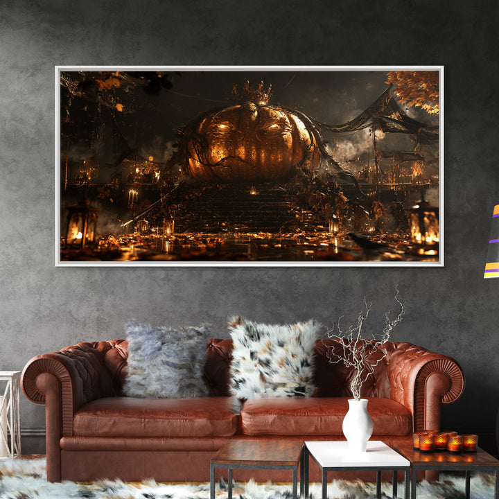 The Gold-Crowned Pumpkin Oracle - Procession Scene, Halloween Wall Art, Wide Panoramic Art, Framed Canvas Print, Halloween Home Decor